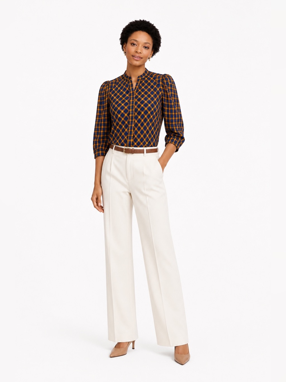 Eva Franco Plaid Top in Blue and Yellow